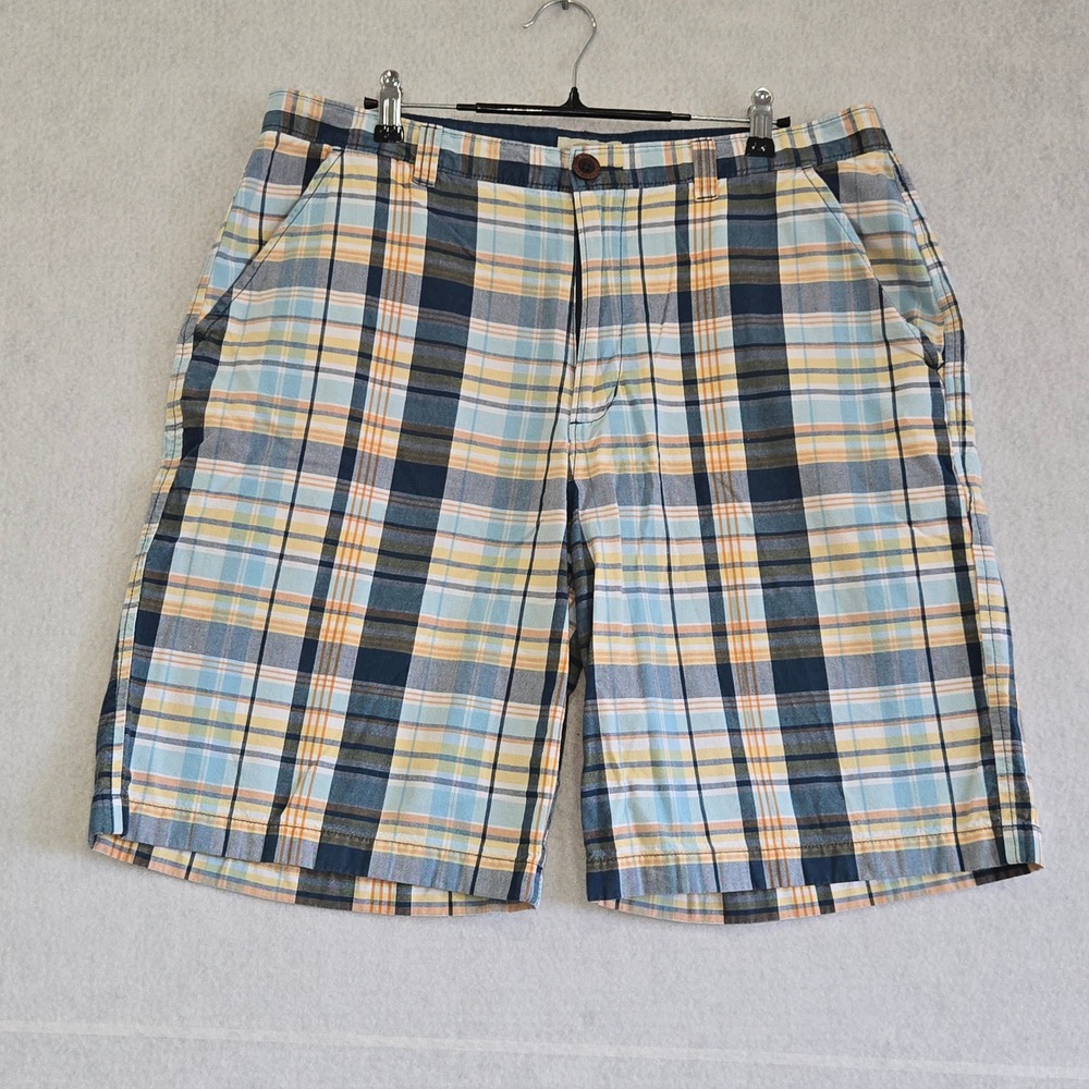 Bob Timberlake Mens Plaid Flat Front Shorts Blue Yellow Cotton Size 36 B415